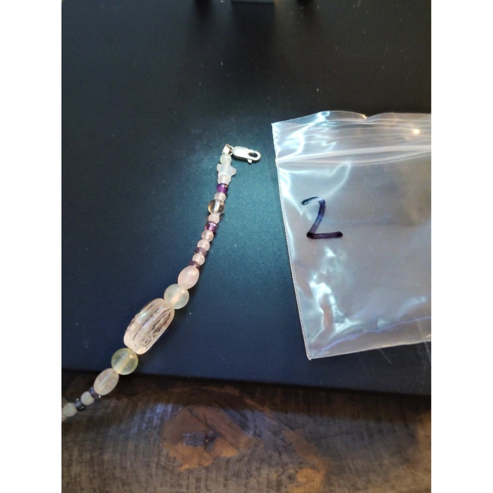 925 Sterling Silver Amethyst Star Carved Quartz Beaded Bracelet 6.25in